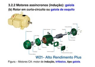 3.2.2 Motores assíncronos (indução): gaiola
(b) Rotor em curto-circuito ou gaiola de esquilo
Figura − Motores CA: motor de indução, trifásico, tipo gaiola.
 