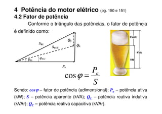 Conforme o triângulo das potências, o fator de potência
é definido como:
QL
QC
SRL
SRLC
ϕ
4 Potência do motor elétrico (pg. 150 e 151)
4.2 Fator de potência
Sendo: cosϕ
ϕ
ϕ
ϕ – fator de potência (adimensional); Pa – potência ativa
(kW); S – potência aparente (kVA); QL – potência reativa indutiva
(kVAr); QC – potência reativa capacitiva (kVAr).
Pa
ϕRL
ϕRLC
S
Pa
=
ϕ
cos
 