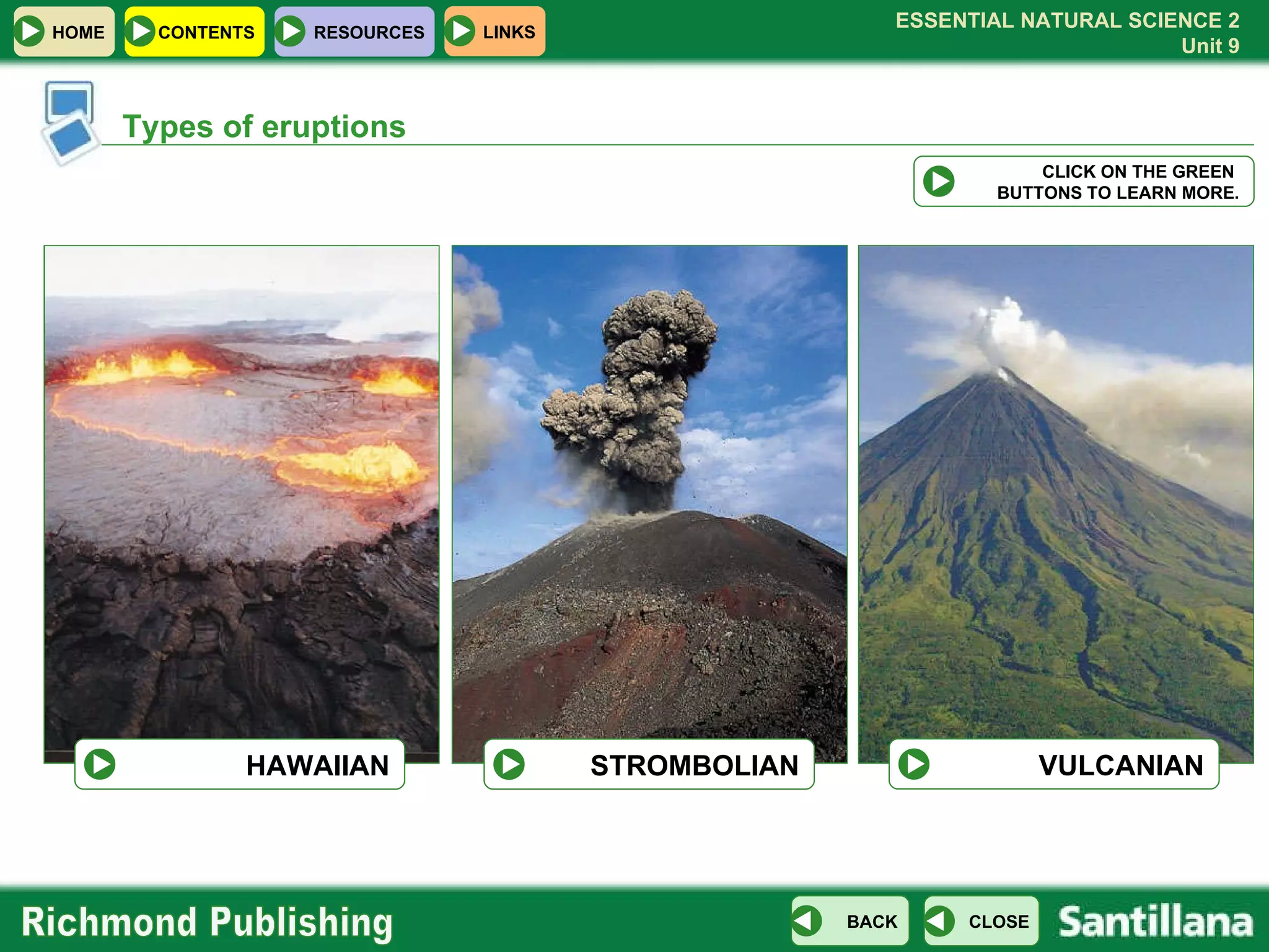 Types of eruptions CLICK ON THE GREEN  BUTTONS TO LEARN MORE. HAWAIIAN STROMBOLIAN VULCANIAN 