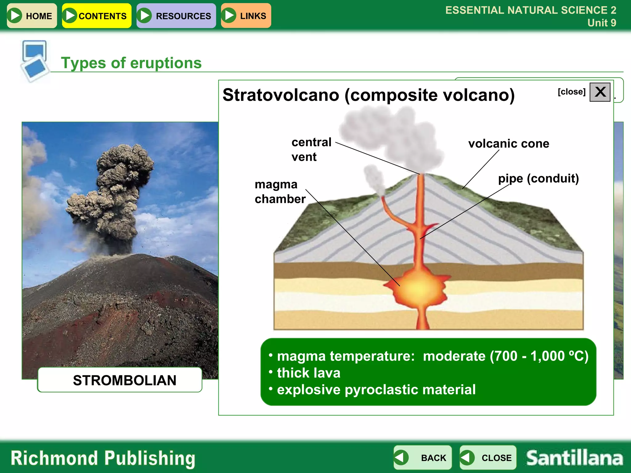 Types of eruptions CLICK ON THE GREEN  BUTTONS TO LEARN MORE. HAWAIIAN STROMBOLIAN VULCANIAN STROMBOLIAN magma temperature:  moderate (700 - 1,000 ºC) thick lava explosive pyroclastic material pipe (conduit) Stratovolcano (composite volcano) magma chamber volcanic cone central vent X [close] 