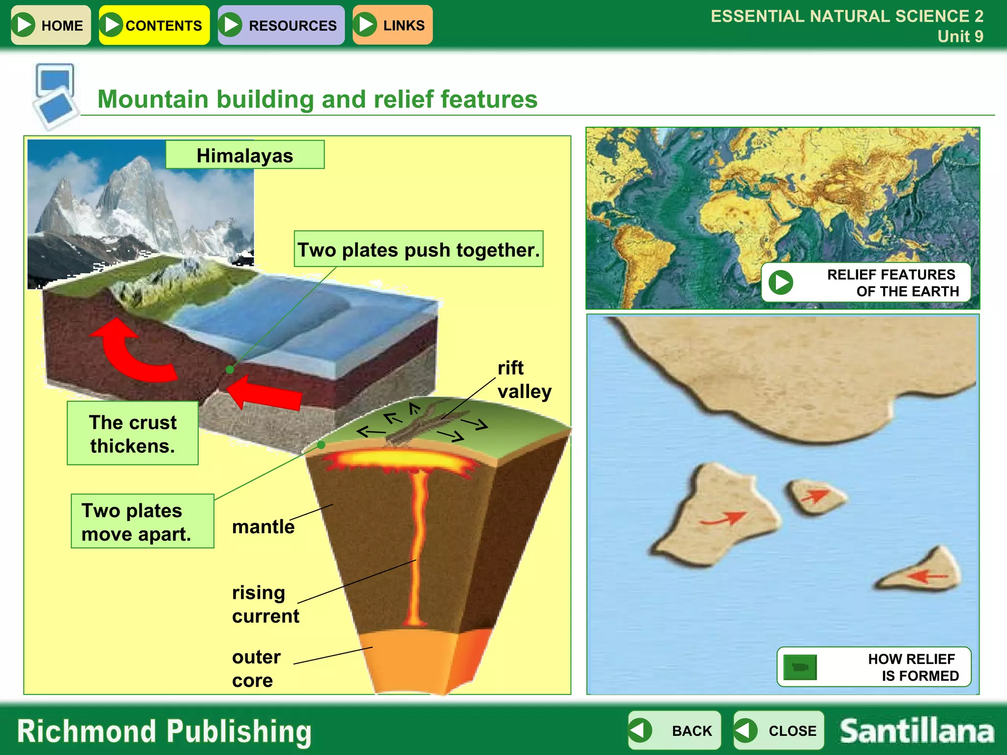 Mountain building and relief features RELIEF FEATURES  OF THE EARTH HOW RELIEF  IS FORMED The crust thickens. outer core mantle rift valley Two plates  move apart. rising current Himalayas Two plates push together. 