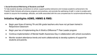 I. Social-Emotional Well-being of Students and Staff
To help students develop connections to school, support positive behaviors and increase academic achievement, the
Franklin Public Schools will enhance programs and practices, and promote the well-being of staff, in order to enable each
student to acquire the knowledge, attitudes, and skills associated with the core competencies for social-emotional learning.
Initiative Highlights ASMS, HMMS & RMS:
● Begin year three of training 7th and 8th grade teachers who have not yet been trained in
Responsive Classroom
● Begin year two of implementing the A World a Difference™ Peer Leader program
● Continue implementation of Mental Health Awareness Day in collaboration with school counselors.
● Monitor student attendance trends and work collaboratively to develop systems of support for
students and parents.
 