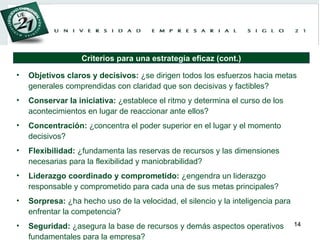 Objetivos claros y decisivos:  ¿se dirigen todos los esfuerzos hacia metas generales comprendidas con claridad que son decisivas y factibles? Conservar la iniciativa:  ¿establece el ritmo y determina el curso de los acontecimientos en lugar de reaccionar ante ellos? Concentración:  ¿concentra el poder superior en el lugar y el momento decisivos? Flexibilidad:  ¿fundamenta las reservas de recursos y las dimensiones necesarias para la flexibilidad y maniobrabilidad? Liderazgo coordinado y comprometido:  ¿engendra un liderazgo responsable y comprometido para cada una de sus metas principales? Sorpresa:  ¿ha hecho uso de la velocidad, el silencio y la inteligencia para enfrentar la competencia? Seguridad:  ¿asegura la base de recursos y demás aspectos operativos fundamentales para la empresa?   Criterios para una estrategia eficaz (cont.) 