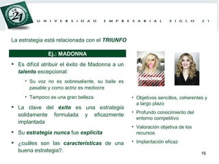 La estrategia está relacionada con el  TRIUNFO Ej.: MADONNA Es difícil atribuir el éxito de Madonna a un  talento  excepcional: Su voz no es sobresaliente, su baile es pasable y como actriz es mediocre Tampoco es una gran belleza La clave del  éxito  es una  estrategia  solidamente formulada y eficazmente implantada Su  estrategia   nunca  fue  explícita ¿cuáles son las  características  de una buena estrategia?. Objetivos sencillos, coherentes y a largo plazo Profundo conocimiento del entorno competitivo Valoración objetiva de los recursos Implantación eficaz 