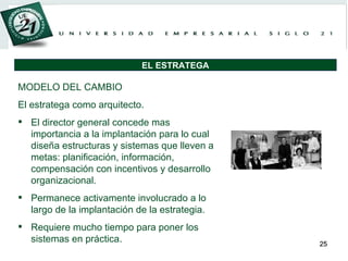 MODELO DEL CAMBIO El estratega como arquitecto. El director general concede mas importancia a la implantación para lo cual diseña estructuras y sistemas que lleven a metas: planificación, información, compensación con incentivos y desarrollo organizacional.  Permanece activamente involucrado a lo largo de la implantación de la estrategia.  Requiere mucho tiempo para poner los sistemas en práctica. EL ESTRATEGA 