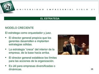 MODELO CRECIENTE El estratega como orquestador y juez. El director general propicia que los gerentes desarrollen e implanten estrategias sólidas.  La estrategia “crece” del interior de la empresa, de la base hacia arriba.  El director general establece los límites para las acciones de la organización. Es útil para empresas diversificadas o dinámicas. EL ESTRATEGA 