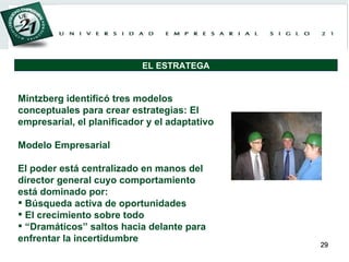 Mintzberg identificó tres modelos conceptuales para crear estrategias: El empresarial, el planificador y el adaptativo    Modelo Empresarial  El poder está centralizado en manos del director general cuyo comportamiento está dominado por:  Búsqueda activa de oportunidades  El crecimiento sobre todo “ Dramáticos” saltos hacia delante para enfrentar la incertidumbre EL ESTRATEGA 