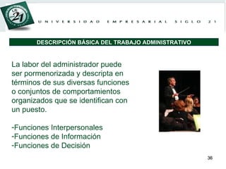 La labor del administrador puede ser pormenorizada y descripta en términos de sus diversas funciones o conjuntos de comportamientos organizados que se identifican con un puesto. Funciones Interpersonales Funciones de Información Funciones de Decisión DESCRIPCIÓN BÁSICA DEL TRABAJO ADMINISTRATIVO 
