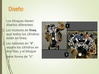 Diseño 
Los bloques tienen 
diseños diferentes: 
1. Los motores en línea, 
que todos los cilindros 
están en línea. 
2. Los motores en “V”, 
separa los cilindros en 
dos filas, y el bloque 
tiene forma de “V”. 
 