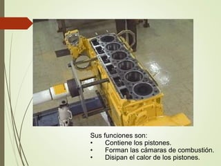 Sus funciones son: 
• Contiene los pistones. 
• Forman las cámaras de combustión. 
• Disipan el calor de los pistones. 
 