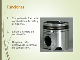 Funciones 
1. Transmiten la fuerza de 
combustión a la biela y 
al cigüeñal. 
2. Sellan la cámara de 
combustión. 
3. Disipan el calor 
excesivo de la cámara 
de combustión. 
 