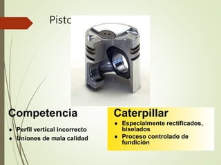 Pistones 
Competencia 
 Perfil vertical incorrecto 
 Uniones de mala calidad 
Caterpillar 
 Especialmente rectificados, 
biselados 
 Proceso controlado de 
fundición 
 