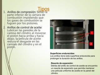 Tipos 
1. Anillos de compresión: Sellan la 
parte inferior de la cámara de 
combustión impidiendo que 
los gases de combustión se 
fuguen por los pistones. 
2. Anillos de control de aceite: 
Lubrican las paredes de la 
camisa del cilindro al moverse 
el pistón hacia arriba y hacia 
abajo, la película de aceite 
reduce el desgaste en las 
camisas del cilindro y en el 
pistón. 
Superficies endurecidas: 
Los anillos tiene esta superficie endurecida para 
prolongar la duración de los anillos. 
Resorte de expansión: 
Detrás del anillo de control de aceite se encuentra 
un resorte de expansión que permite mantener 
una película uniforme de aceite en la pared del 
cilindro. 
 