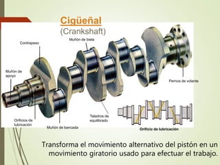 Cigüeñal 
(Crankshaft) 
Muñón de biela 
Contrapeso 
Muñón de 
apoyo 
Taladros de 
equilibrado 
Pernos de volante 
Muñón de bancada 
Orificios de 
lubricación 
Orificio de lubricación 
Transforma el movimiento alternativo del pistón en un 
movimiento giratorio usado para efectuar el trabajo. 
 