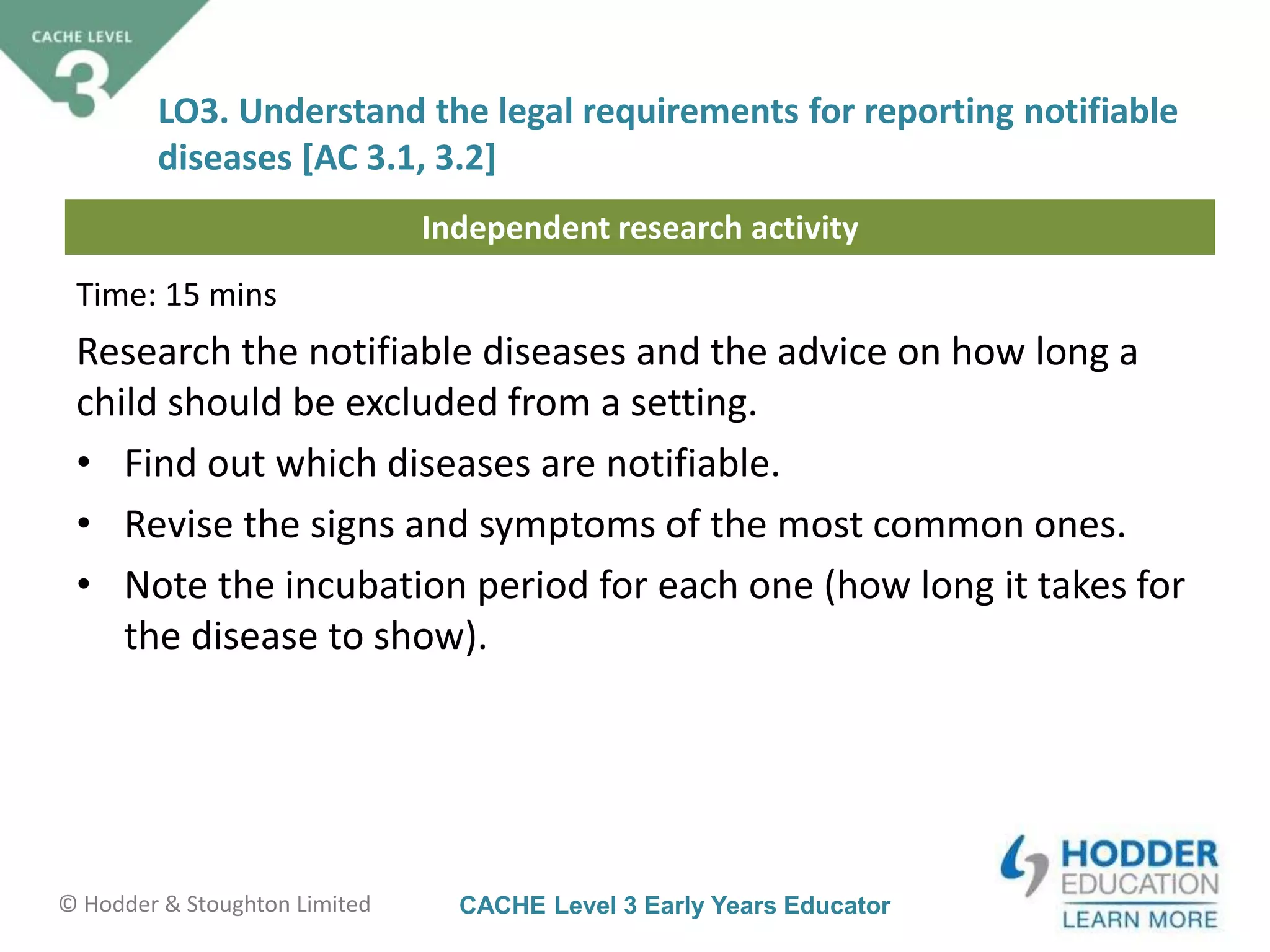 CACHE Level 3 Early Years Educator© Hodder & Stoughton Limited
Independent research activity
LO3. Understand the legal requirements for reporting notifiable
diseases [AC 3.1, 3.2]
Time: 15 mins
Research the notifiable diseases and the advice on how long a
child should be excluded from a setting.
• Find out which diseases are notifiable.
• Revise the signs and symptoms of the most common ones.
• Note the incubation period for each one (how long it takes for
the disease to show).
 