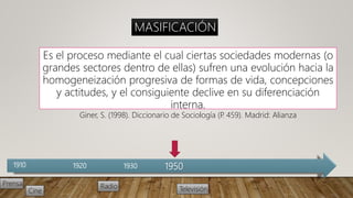 1910 1920 1930
Prensa Radio
Cine Televisión
1950
Es el proceso mediante el cual ciertas sociedades modernas (o
grandes sectores dentro de ellas) sufren una evolución hacia la
homogeneización progresiva de formas de vida, concepciones
y actitudes, y el consiguiente declive en su diferenciación
interna.
Giner, S. (1998). Diccionario de Sociología (P. 459). Madrid: Alianza
MASIFICACIÓN
 