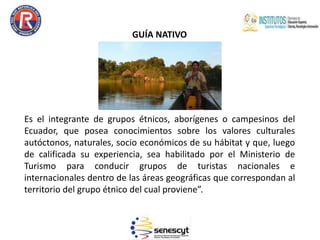 GUÍA NATIVO
Es el integrante de grupos étnicos, aborígenes o campesinos del
Ecuador, que posea conocimientos sobre los valores culturales
autóctonos, naturales, socio económicos de su hábitat y que, luego
de calificada su experiencia, sea habilitado por el Ministerio de
Turismo para conducir grupos de turistas nacionales e
internacionales dentro de las áreas geográficas que correspondan al
territorio del grupo étnico del cual proviene”.
 