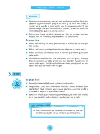 Pasa nuevamente por cada pareja y pide que lean su nombre. Se deben
observar algunos cambios porque los niños y las niñas han vuelto a
revisar, pero usando la información que les proporcionaste. Si hay
alguna pareja a la que aún no les has revisado el escrito, realiza la
misma secuencia que en la viñeta anterior.
	 Entrega una tira de cartulina para que escriban los nombres que han
elegido para los sectores y los presenten a sus compañeros.
En grupo clase
	 Indica a los niños y las niñas que coloquen el rótulo o los rótulos que
han escrito.
	 Pide a cada pareja que diga el nombre que eligieron por cada sector.
	 Pide a los niños y las niñas que elijan el nombre que más les gusta para
cada sector.
	 Distribuye un nombre para que sea escrito por cada grupo. Entrega
tiras de cartulina por cada grupo para que escriban nuevamente el
nombre del sector. También dales los materiales que deben ir en ese
sector para que los ordenen en el lugar.
10minutos
CIERRE3.
En grupo clase
	 Recuerden las actividades que realizaron en la sesión.
	 Pregúntales: ¿para qué escribieron rótulos?, ¿cómo hicieron para
escribirlos?, ¿qué material usaron para escribir?, ¿qué les ayudó a
completar o mejorar lo que habían escrito?
	 Señala los rótulos que han escrito y comenta que, así como leen rótulos
en el aula, también podrán hacerlo cuando vayan por la calle.
	 Pide a los estudiantes que, de camino a la escuela o a su casa, lean
los rótulos que puedan y luego escriban lo que decía el rótulo.
Tarea a trabajar en casa
Revisión
79
Primer Grado - Unidad 1 - Sesión 08
 