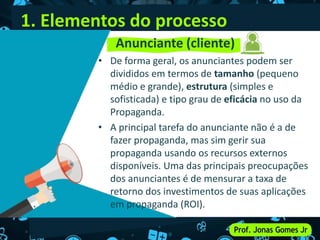1. Elementos do processo
• De forma geral, os anunciantes podem ser
divididos em termos de tamanho (pequeno
médio e grande), estrutura (simples e
sofisticada) e tipo grau de eficácia no uso da
Propaganda.
• A principal tarefa do anunciante não é a de
fazer propaganda, mas sim gerir sua
propaganda usando os recursos externos
disponíveis. Uma das principais preocupações
dos anunciantes é de mensurar a taxa de
retorno dos investimentos de suas aplicações
em propaganda (ROI).
Anunciante (cliente)
 