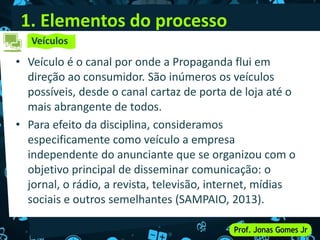1. Elementos do processo
• Veículo é o canal por onde a Propaganda flui em
direção ao consumidor. São inúmeros os veículos
possíveis, desde o canal cartaz de porta de loja até o
mais abrangente de todos.
• Para efeito da disciplina, consideramos
especificamente como veículo a empresa
independente do anunciante que se organizou com o
objetivo principal de disseminar comunicação: o
jornal, o rádio, a revista, televisão, internet, mídias
sociais e outros semelhantes (SAMPAIO, 2013).
Veículos
 