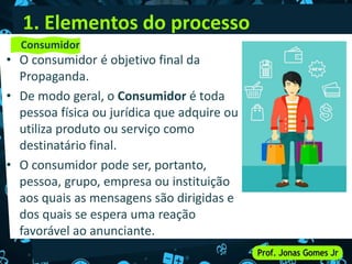 1. Elementos do processo
• O consumidor é objetivo final da
Propaganda.
• De modo geral, o Consumidor é toda
pessoa física ou jurídica que adquire ou
utiliza produto ou serviço como
destinatário final.
• O consumidor pode ser, portanto,
pessoa, grupo, empresa ou instituição
aos quais as mensagens são dirigidas e
dos quais se espera uma reação
favorável ao anunciante.
Consumidor
 
