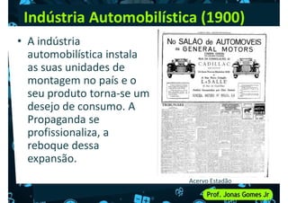Indústria Automobilística (1900)
• A indústria
automobilística instala
as suas unidades de
as suas unidades de
montagem no país e o
seu produto torna-se um
desejo de consumo. A
Propaganda se
profissionaliza, a
profissionaliza, a
reboque dessa
expansão.
Acervo Estadão
 