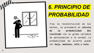 6. PRINCIPIO DE
PROBABILIDAD
Tras la reconstrucción de los
hechos, se procederá al cálculo
de la probabilidad del
resultado con un grado variable
de aproximación a la verdad. La
probabilidad de acierto puede
ser baja, mediana, alta o nula.
 