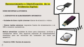 Reconocimiento e Identificación de la
Evidencia Digital
DÓNDE ENCONTRAR LA EVIDENCIA
1. DISPOSITIVOS DE ALMACENAMIENTO INFORMÁTICO
• Unidades de disco rígido internas: discos de alumínio o vidrio.
• Discos rígidos externos: requieren fuente de alimentación y un
USB o conexión inalámbrica.
Medios extraíbles: unidades de disco para almacenar, archivar y
transportar datos. (Son aquellos soportes de almacenamiento
diseñados para ser extraídos del ordenador sin tener que
apagarlo).
• Pendrive (USB), Tarjeta de memoria
 