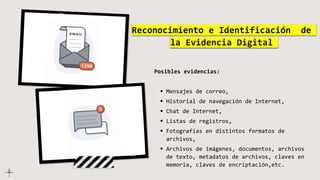 Reconocimiento e Identificación de
la Evidencia Digital
Posibles evidencias:
 Mensajes de correo,
 Historial de navegación de Internet,
 Chat de Internet,
 Listas de registros,
 Fotografías en distintos formatos de
archivos,
 Archivos de imágenes, documentos, archivos
de texto, metadatos de archivos, claves en
memoria, claves de encriptación,etc.
 