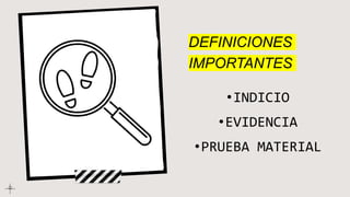 DEFINICIONES
IMPORTANTES
•INDICIO
•EVIDENCIA
•PRUEBA MATERIAL
 