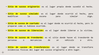 • Sitio de suceso originario: es el lugar propio donde sucedió el hecho.
• Sitio de suceso simulado: es el lugar donde ocurrió el hecho, pero
modifican la escena para simular algo.
• Sitio de suceso de coartada: es el lugar donde no ocurrió el hecho, pero lo
preparan como si hubiese ocurrido.
• Sitio de suceso de liberación: es el lugar donde liberan a la víctima.
• Sitio de suceso de transbordo: es el sitio donde hacen el transbordo de
personas o mercancías de un vehículo a otro.
• Sitio de suceso de transferencia: es el lugar donde se transfiere
evidencias físicas del lugar del suceso originario a otro lugar.
 
