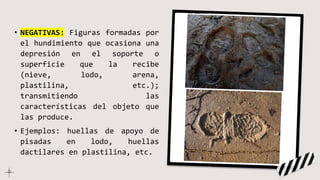 • NEGATIVAS: Figuras formadas por
el hundimiento que ocasiona una
depresión en el soporte o
superficie que la recibe
(nieve, lodo, arena,
plastilina, etc.);
transmitiendo las
características del objeto que
las produce.
• Ejemplos: huellas de apoyo de
pisadas en lodo, huellas
dactilares en plastilina, etc.
 