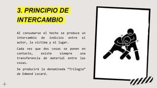 3. PRINCIPIO DE
INTERCAMBIO
Al consumarse el hecho se produce un
intercambio de indicios entre el
autor, la víctima y el lugar.
Cada vez que dos cosas se ponen en
contacto, existe siempre una
transferencia de material entre las
cosas.
Se producirá la denominada “Trilogía”
de Edmond Locard.
 