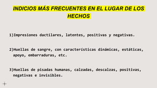 INDICIOS MÁS FRECUENTES EN EL LUGAR DE LOS
HECHOS
1)Impresiones dactilares, latentes, positivas y negativas.
2)Huellas de sangre, con características dinámicas, estáticas,
apoyo, embarraduras, etc.
3)Huellas de pisadas humanas, calzadas, descalzas, positivas,
negativas e invisibles.
 