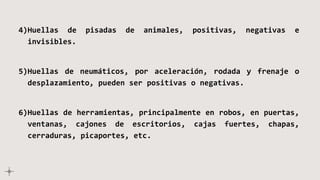 4)Huellas de pisadas de animales, positivas, negativas e
invisibles.
5)Huellas de neumáticos, por aceleración, rodada y frenaje o
desplazamiento, pueden ser positivas o negativas.
6)Huellas de herramientas, principalmente en robos, en puertas,
ventanas, cajones de escritorios, cajas fuertes, chapas,
cerraduras, picaportes, etc.
 