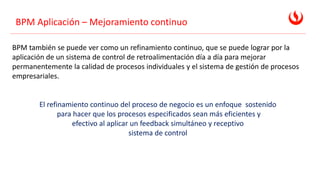 BPM Aplicación – Mejoramiento continuo
BPM también se puede ver como un refinamiento continuo, que se puede lograr por la
aplicación de un sistema de control de retroalimentación día a día para mejorar
permanentemente la calidad de procesos individuales y el sistema de gestión de procesos
empresariales.
El refinamiento continuo del proceso de negocio es un enfoque sostenido
para hacer que los procesos especificados sean más eficientes y
efectivo al aplicar un feedback simultáneo y receptivo
sistema de control
 