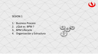 SESION 1
1. Business Process
2. ¿Qué es BPM ?
3. BPM Lifecycle
4. Organización y Estructura
 