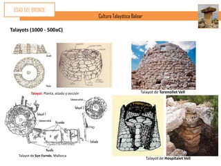 EDAD DEL BRONCE
                                              Cultura Talayótica Balear

Talayots (1000 - 500aC)




          Talayot: Planta, alzado y sección                          Talayot de Torenollet Vell




   Talayot de Son Fornés. Mallorca
                                                                          Talayot de Hospitalet Vell
 