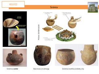 NEOLÍTICO
                                                  Cerámica




                         Proceso de fabricación




Cerámica cardial   Vaso inciso a la almarga                  Cerámica neolítica cordada y lisa
 