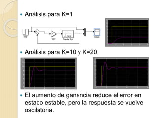  Análisis para K=1
 Análisis para K=10 y K=20
 El aumento de ganancia reduce el error en
estado estable, pero la respuesta se vuelve
oscilatoria.
 