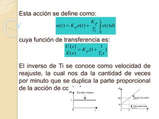 Esta acción se define como:
cuya función de transferencia es:
El inverso de Ti se conoce como velocidad de
reajuste, la cual nos da la cantidad de veces
por minuto que se duplica la parte proporcional
de la acción de control.

t
i
p
p dtte
T
K
teKtu
0
)()()(
)
1
1(
)(
)(
sT
K
sE
sU
i
p 
 