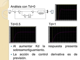 Análisis con Td=0
Td=0.5 Td=1
 Al aumentar Kd la respuesta presenta
sobreamortiguamiento.
 La acción de control derivativa es de
previsión.
 