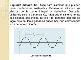 Segundo método. Se utiliza para sistemas que pueden
tener oscilaciones sostenidas. Primero se eliminan los
efectos de la parte integral y derivativa. Después,
utilizando solo la ganancia Kp, haga que el sistema tenga
oscilaciones sostenidas. El valor de ganancia con que se
logre esto se llama ganancia crítica Kcr, que corresponde
a un periodo crítico Pcr.
crP
t
Oscilación sostenida.
 