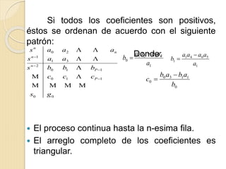 Si todos los coeficientes son positivos,
éstos se ordenan de acuerdo con el siguiente
patrón:
Donde:
 El proceso continua hasta la n-esima fila.
 El arreglo completo de los coeficientes es
triangular.
00
110
110
2
31
1
20
gs
ccc
bbbs
aas
aaas
P
P
n
n
n
n









1
3021
0
a
aaaa
b


1
5041
1
a
aaaa
b


0
1130
0
b
abab
c


 