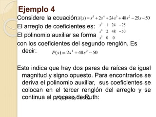 Ejemplo 4
Considere la ecuación:
El arreglo de coeficientes es:
El polinomio auxiliar se forma
con los coeficientes del segundo renglón. Es
decir:
Esto indica que hay dos pares de raíces de igual
magnitud y signo opuesto. Para encontrarlos se
deriva el polinomio auxiliar, sus coeficientes se
colocan en el tercer renglón del arreglo y se
continua el proceso de Ruth:
502548242)( 2345
 ssssssA
00
50482
25241
3
4
5
s
s
s


50482)( 24
 sssP
sssP 968)( 3'

 