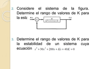 2. Considere el sistema de la figura.
Determine el rango de valores de K para
la estabilidad.
3. Determine el rango de valores de K para
la estabilidad de un sistema cuya
ecuación característica es:
 