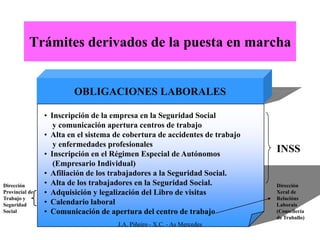 Trámites derivados de la puesta en marcha


                        OBLIGACIONES LABORALES

                • Inscripción de la empresa en la Seguridad Social
                   y comunicación apertura centros de trabajo
                • Alta en el sistema de cobertura de accidentes de trabajo
                   y enfermedades profesionales
                • Inscripción en el Régimen Especial de Autónomos
                                                                             INSS
                   (Empresario Individual)
                • Afiliación de los trabajadores a la Seguridad Social.
Dirección       • Alta de los trabajadores en la Seguridad Social.           Dirección
Provincial de   • Adquisición y legalización del Libro de visitas            Xeral de
Trabajo y                                                                    Relacións
Seguridad       • Calendario laboral                                         Laborais
Social          • Comunicación de apertura del centro de trabajo             (Consellería
                                                                             de Traballo)
                                     J.A. Piñeiro - X.C. - As Mercedes
 