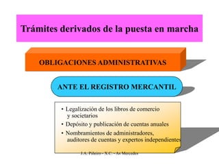 Trámites derivados de la puesta en marcha


    OBLIGACIONES ADMINISTRATIVAS


        ANTE EL REGISTRO MERCANTIL

         • Legalización de los libros de comercio
           y societarios
         • Depósito y publicación de cuentas anuales
         • Nombramientos de administradores,
           auditores de cuentas y expertos independientes

                J.A. Piñeiro - X.C. - As Mercedes
 
