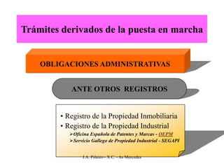 Trámites derivados de la puesta en marcha


    OBLIGACIONES ADMINISTRATIVAS


           ANTE OTROS REGISTROS


        • Registro de la Propiedad Inmobiliaria
        • Registro de la Propiedad Industrial
           Oficina Española de Patentes y Marcas - OEPM
           Servicio Gallego de Propiedad Industrial - SEGAPI


                J.A. Piñeiro - X.C. - As Mercedes
 