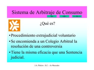 Sistema de Arbitraje de Consumo
                                   Folleto         Adhesión   Hoja reclamación




                     ¿Qué es?

• Procedimiento extrajudicial voluntario
• Se encomienda a un Colegio Arbitral la
  resolución de una controversia
• Tiene la misma eficacia que una Sentencia
  judicial.
               J.A. Piñeiro - X.C. - As Mercedes
 